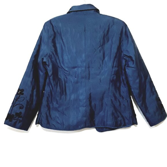 100% Silk Carole Little Blue Quilted Black Floral Sequins Jacket Size Large - Picture 2 of 6